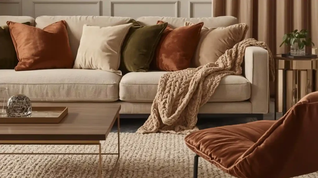 Cozy beige sofa with velvet burnt orange and olive pillows, illustrating budget-friendly decor hacks for a warm seasonal refresh