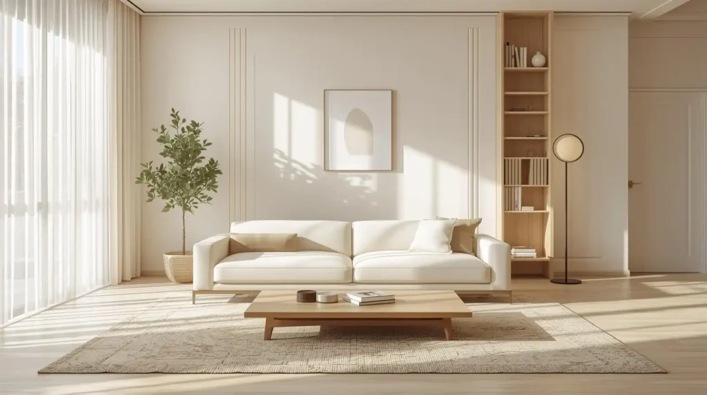 Minimalist lounge with a low sofa, tall wooden bookshelf, and floor lamp to layer and scale furniture heights