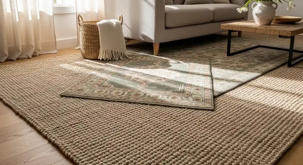 Layered jute and patterned rugs in a sunlit lounge with a wooden coffee table, illustrating cozy rustic interior styling