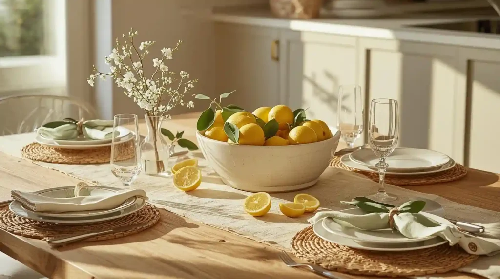 Bright dining table with a large white bowl of lemons and woven placemats, showcasing refreshing spring table decor ideas