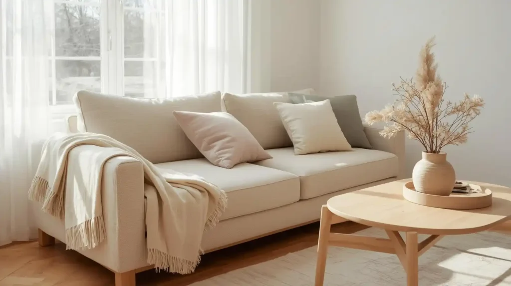 Modern minimalist beige sofa with sage green and blush pink pillows, illustrating spring living room decor ideas with soft pastel colors.