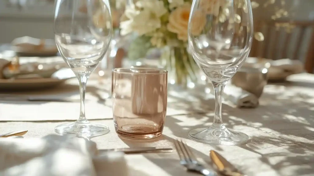 Elegant crystal wine glasses and a tinted glass tumbler on a linen tablecloth, showcasing spring table decor ideas with a sophisticated touch