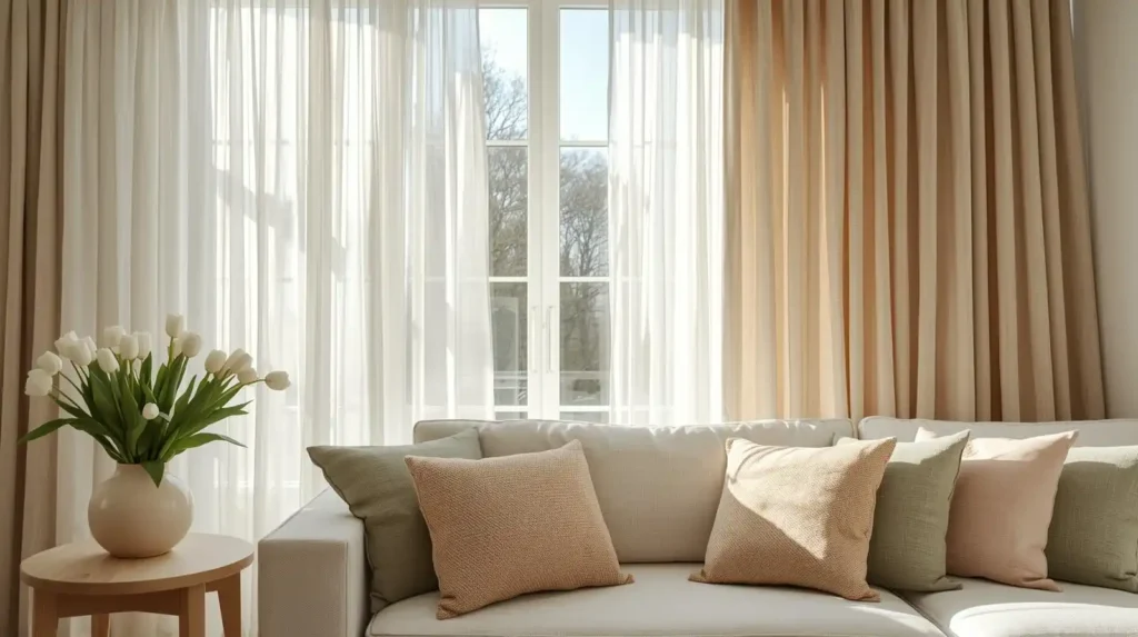 Sunlit living room with sheer curtains, beige drapes, and white tulips, showcasing modern living room decorating ideas for a bright spring feel