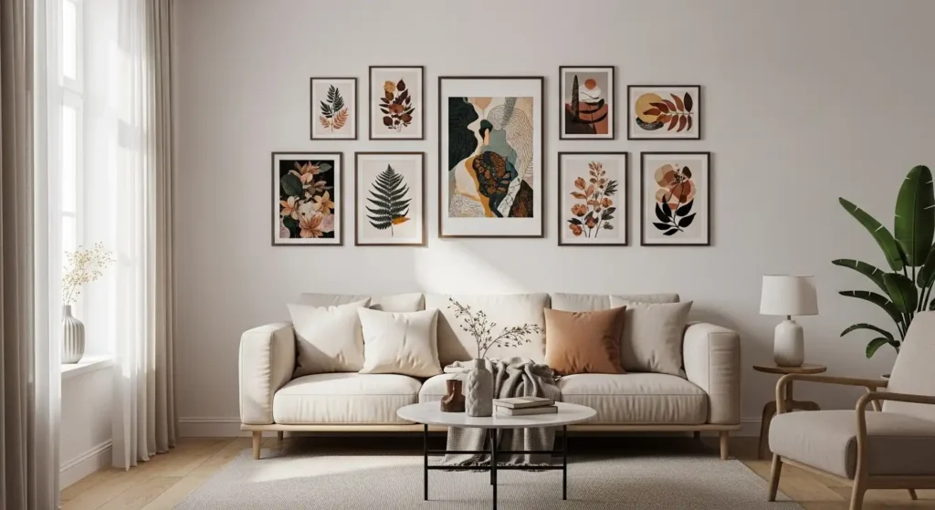 Stylish living room wall decor ideas featuring a curated gallery wall with botanical and abstract art frames arranged symmetrically above a modern beige sofa