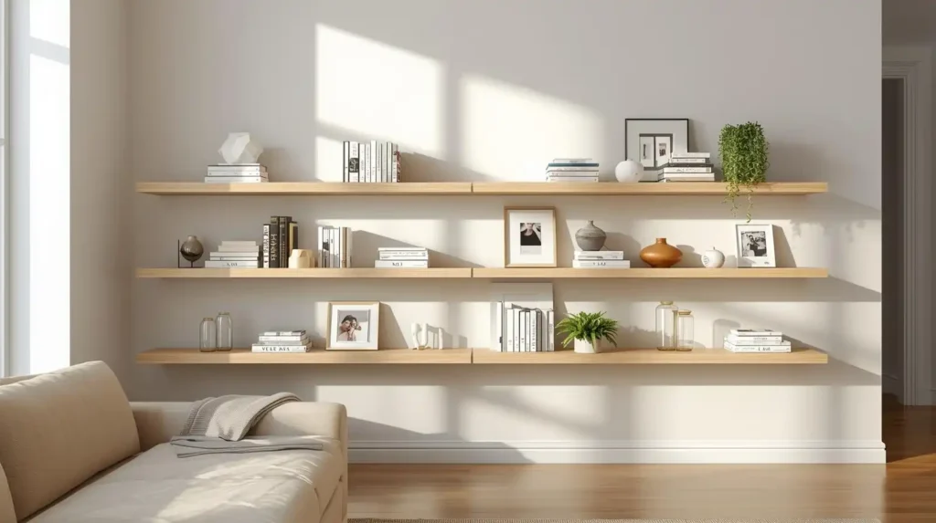 Modern wooden floating shelves with books, plants, and frames, showcasing smart decoration of a living room to maximize spring space