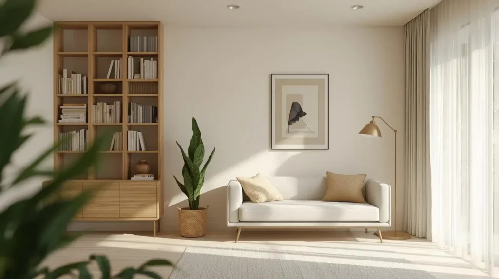 Tall wooden bookshelf and snake plant in a minimalist lounge, demonstrating how to maximize vertical space for a spacious feel