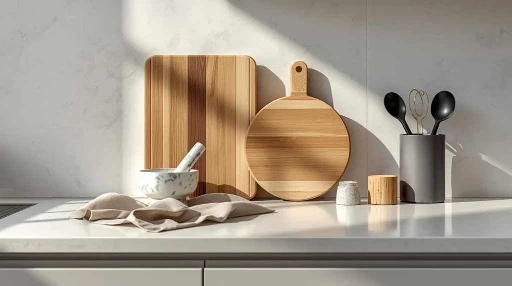 Minimalist wooden cutting boards and marble mortar on a white countertop, illustrating minimalist kitchen accessories for spring