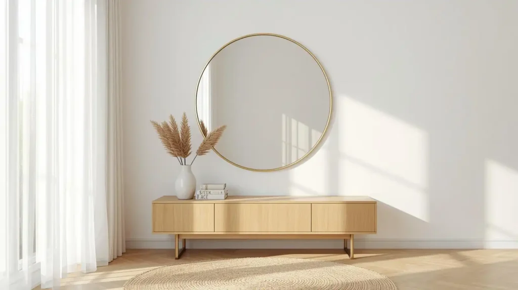 Large round gold-framed mirror above a light wood sideboard, showcasing modern home decor items for transformation