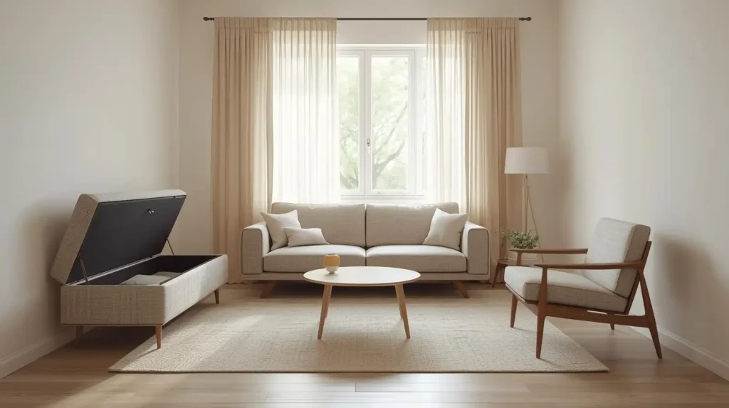 Storage ottoman and scaled-down furniture in a sunlit room, showcasing minimalist furniture for small living rooms to reduce clutter