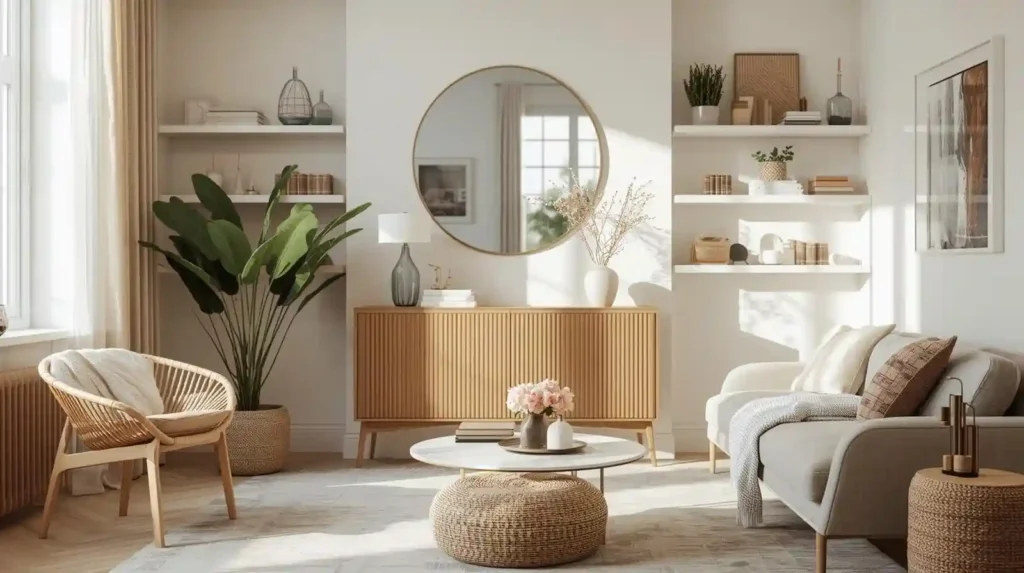 Warm airy lounge with a round wall mirror above a fluted sideboard, demonstrating modern home styling for a trendy look