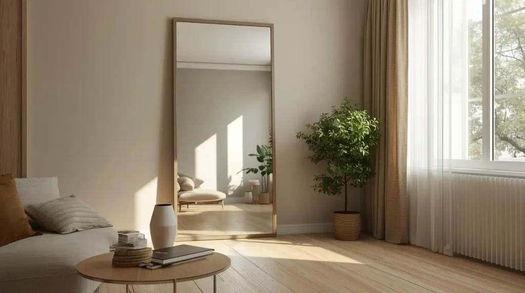 Minimalist lounge with a large floor-length mirror and potted plant, demonstrating how to use visual weight in living room design