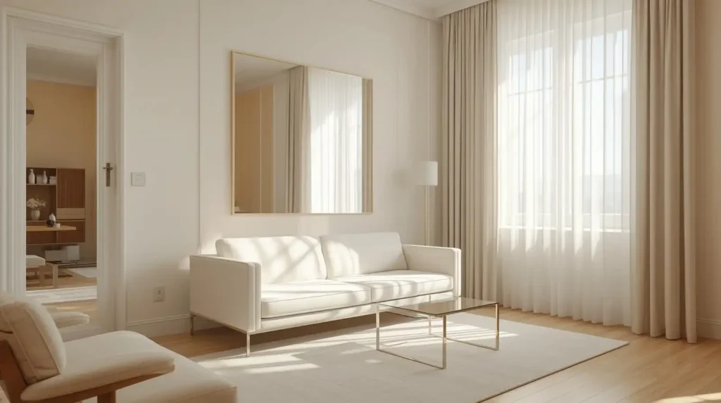 Large rectangular wall mirror above a white sofa with sheer curtains, showing effective living room hacks for small spaces.