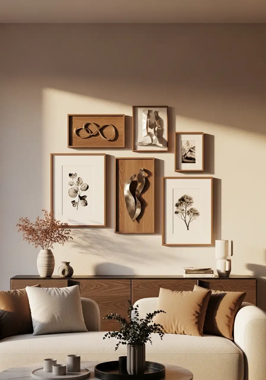 Modern gallery wall ideas for living room featuring a mix of botanical prints and 3D wooden art frames arranged symmetrically above a stylish sideboard.