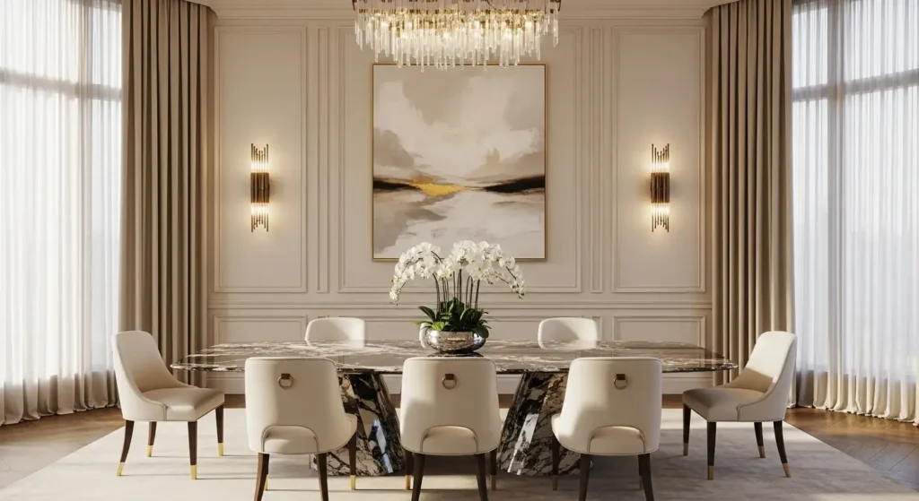 Modern dining room wall decor ideas featuring a large square abstract artwork in neutral tones. The wall includes classic rectangular molding and symmetrical gold lighting, creating an expensive and sophisticated look.