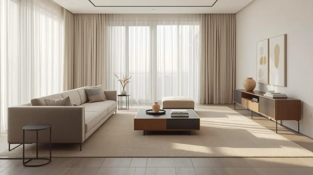 Spacious lounge with a long beige sofa and sleek wooden media console, showcasing trendy living room decor ideas with a neutral base