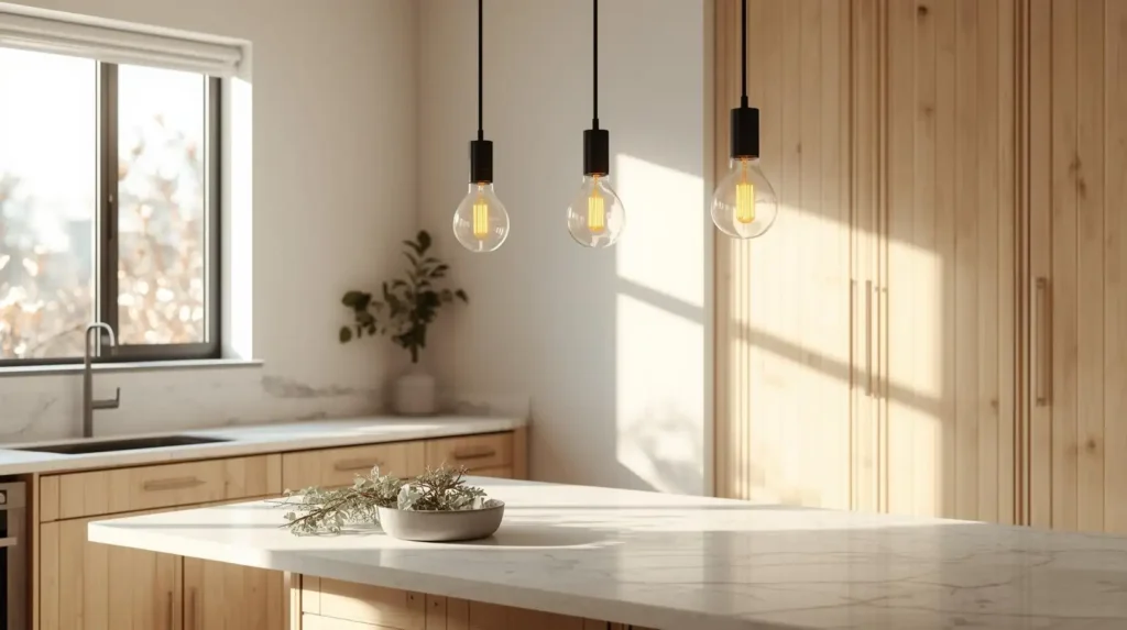 Three minimalist globe pendant lights hanging over a marble kitchen island, showcasing contemporary kitchen decor essentials
