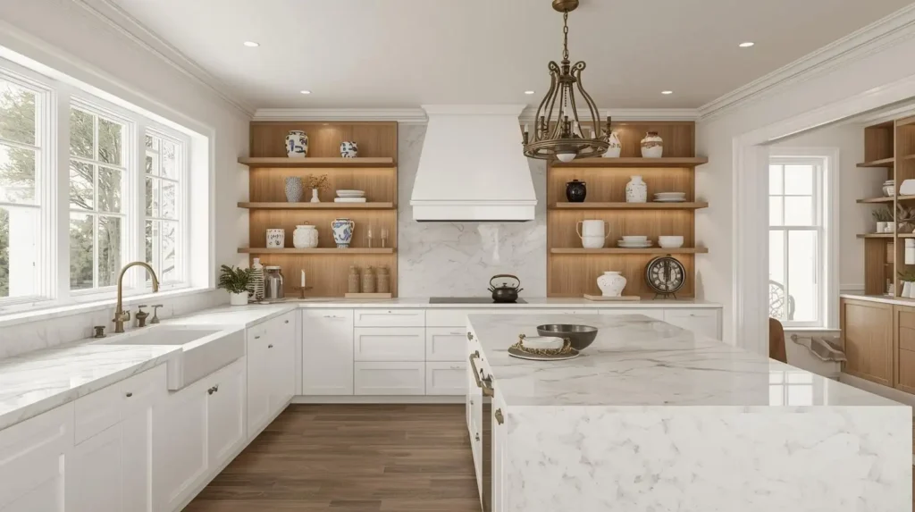 Large white kitchen with marble waterfall island and lit wooden open shelves, showcasing spring kitchen decor ideas