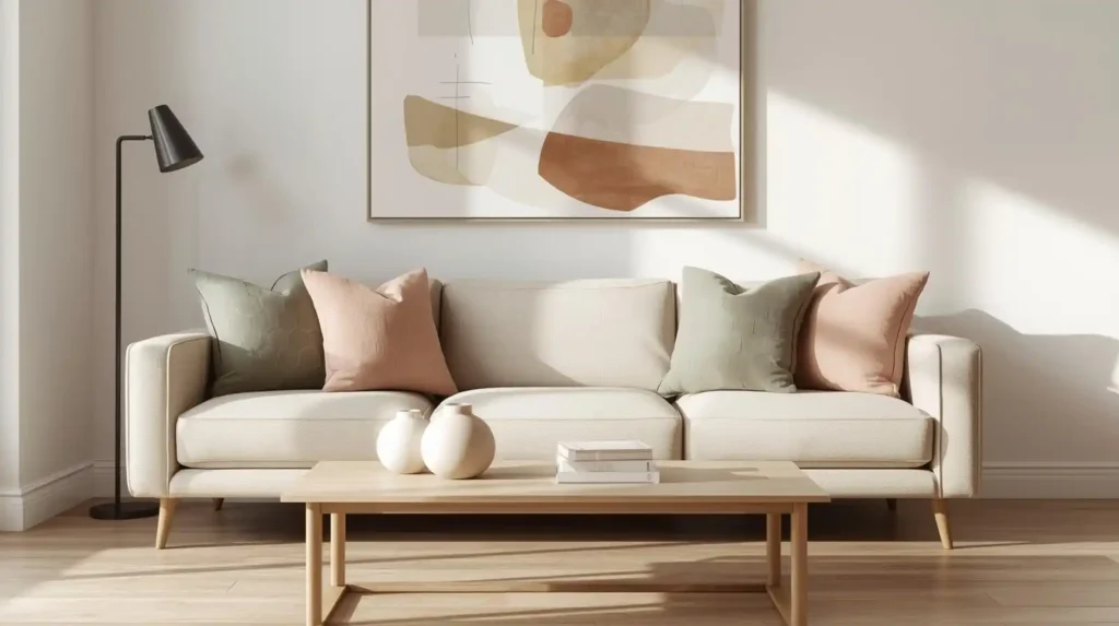 Modern minimalist beige sofa with sage green and blush pink pillows, illustrating spring living room decor ideas with soft pastel colors.
