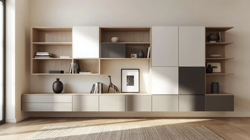 Minimalist oak and grey modular wall unit with floating shelves and hidden storage, highlighting sophisticated room makeover items