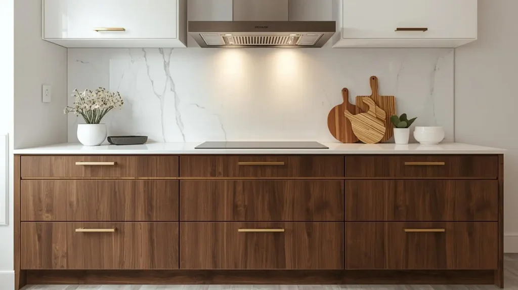 Modern kitchen with walnut wood cabinets, white marble backsplash, and wooden cutting boards, showcasing contemporary kitchen decor essentials