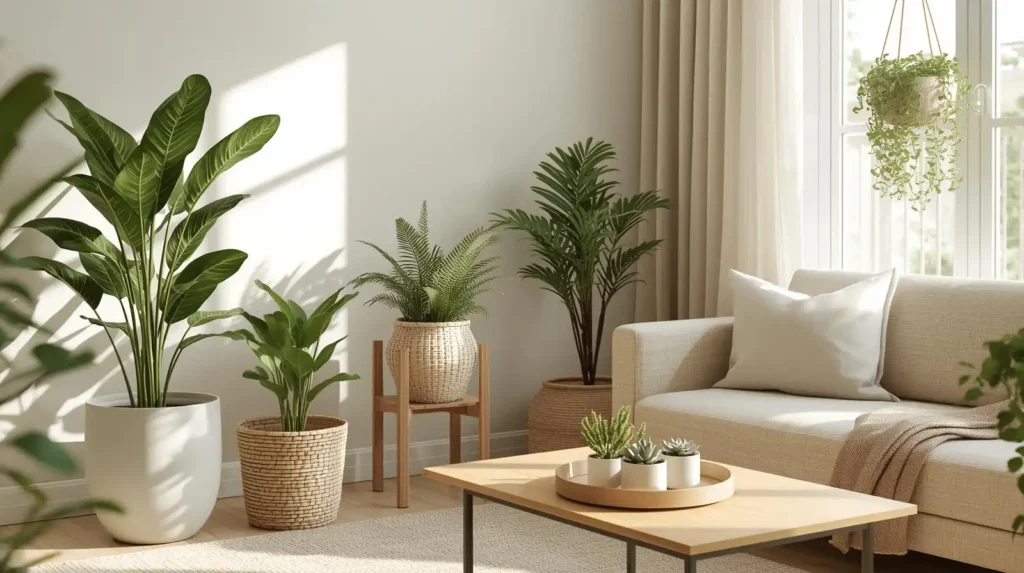 Sunlit room with indoor plants and a beige sofa, illustrating how to use fresh spring colors and greenery for home decor.