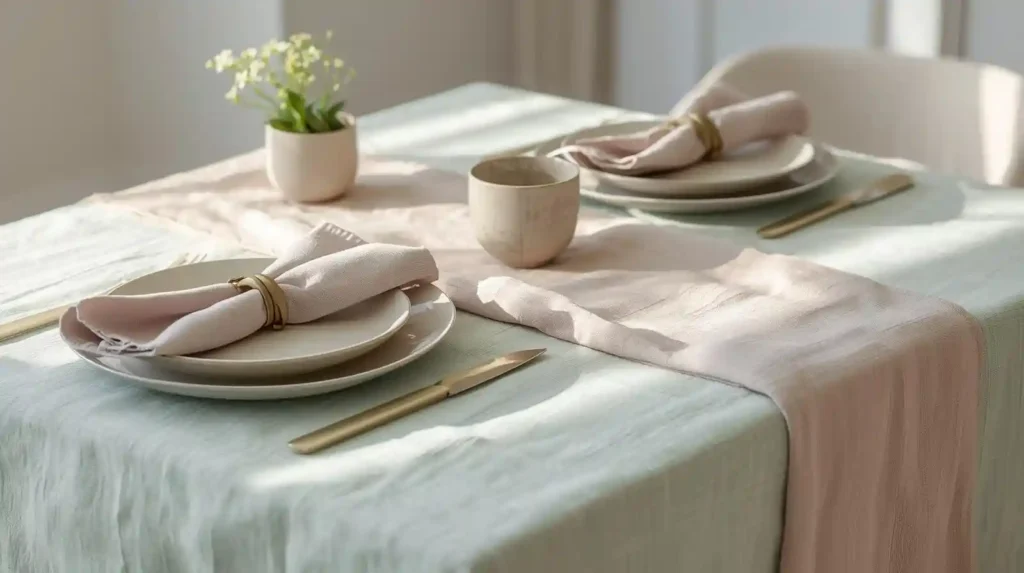 Mint green linen tablecloth layered with a soft pink runner, illustrating seasonal table setting inspiration for a spring brunch