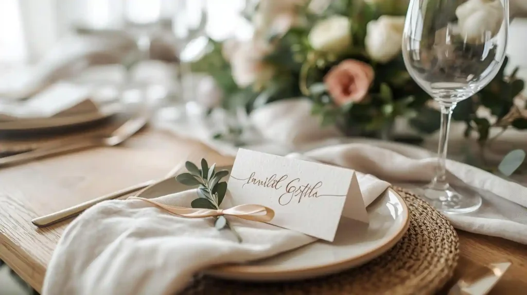 Elegant place setting with a calligraphy name card, olive branch, and woven charger, illustrating garden-inspired dining table styling