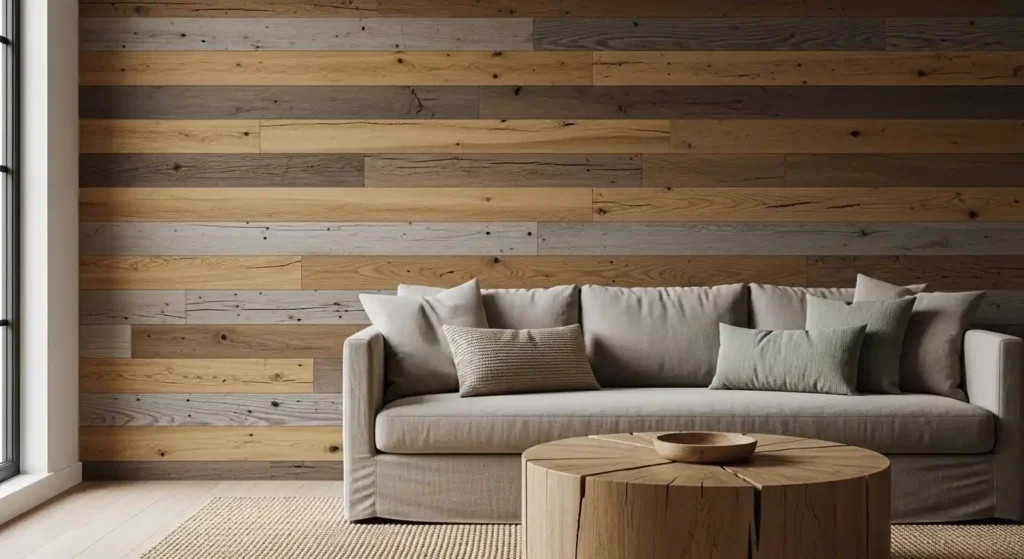 Modern lounge with a multi-toned reclaimed wood accent wall and stump coffee table, illustrating natural wood elements for spring