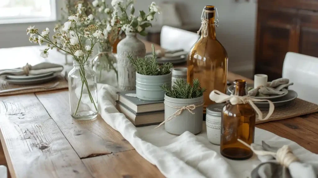 Rustic wooden table with white wildflowers in glass jars and a linen runner, illustrating vibrant spring tablescape tips for a natural look