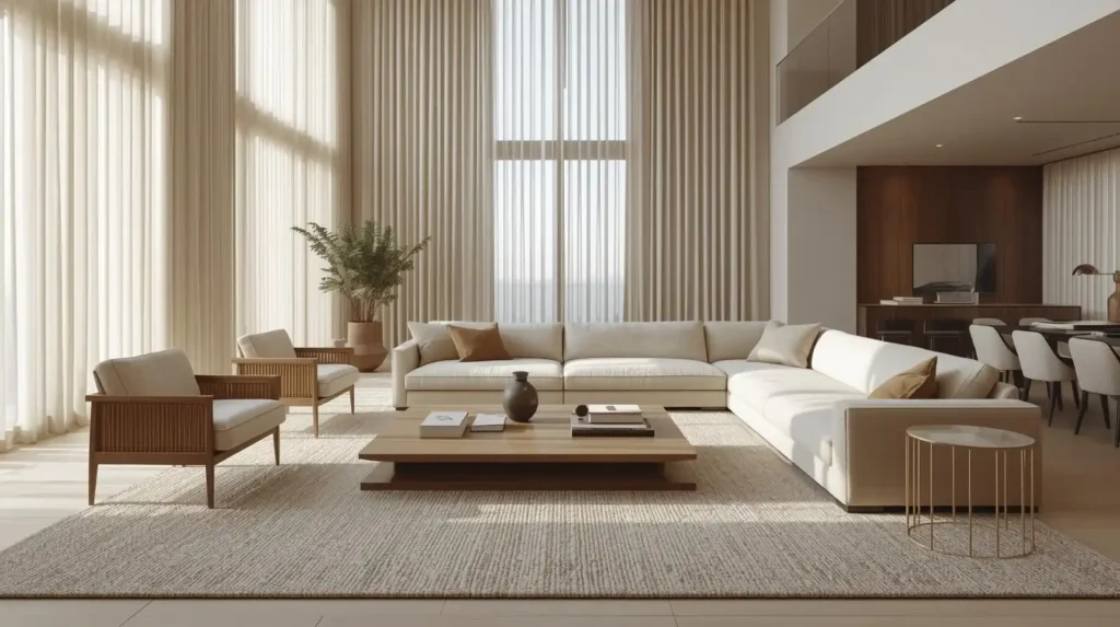 Large L-shaped sectional sofa and low coffee table in a grand room, illustrating the right furniture proportions for large rooms