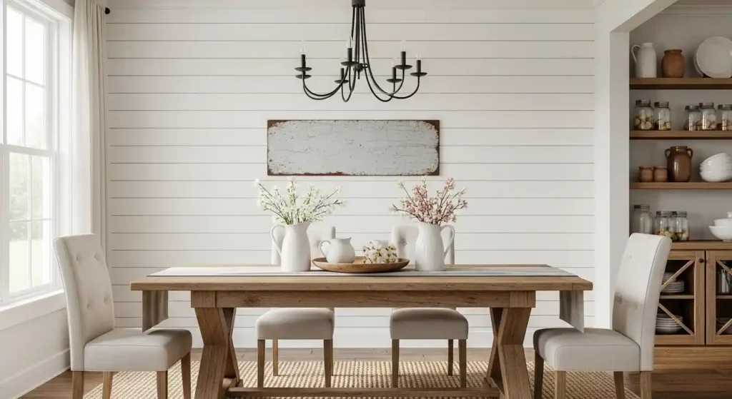 Rustic dining room with a white shiplap wall, wooden table, and cherry blossom centerpieces, showcasing rustic spring decor
