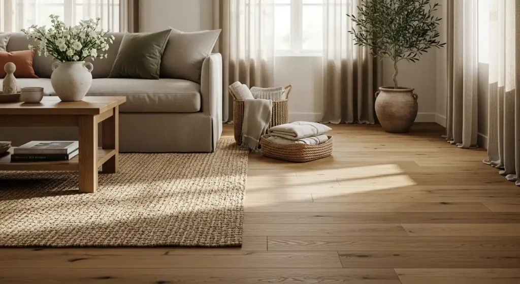Sunlit rustic lounge with wide-plank oak flooring, a jute rug, and a potted olive tree, showcasing natural wood elements for spring