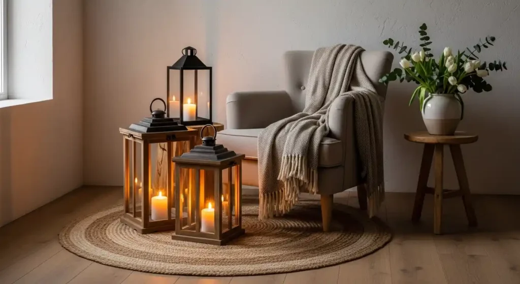 Three wooden lanterns with glowing candles on a round jute rug near a cozy armchair, illustrating vintage-inspired spring decorating