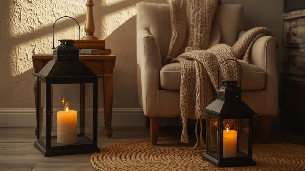 Two black metal lanterns with glowing candles on a jute rug, showcasing vintage-inspired spring decorating for a cozy ambiance
