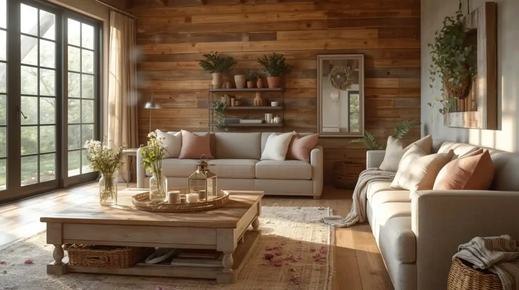 Rustic living room with a reclaimed wood accent wall, wooden coffee table, and soft peach pillows, illustrating rustic spring decor ideas