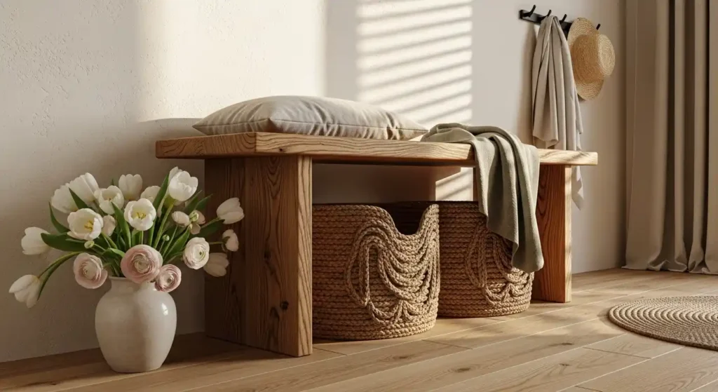 Sunlit entryway with a rustic wooden bench, woven baskets, and a vase of white tulips, illustrating farmhouse spring home refresh