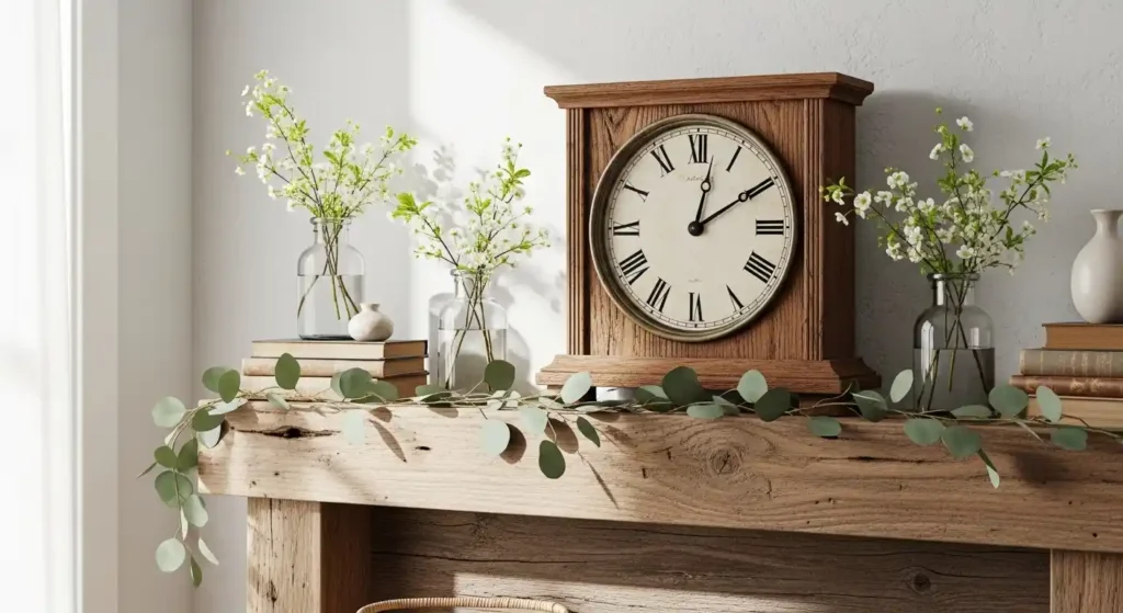 Antique wooden clock on a rustic mantel with eucalyptus garland and white blossoms, illustrating vintage-inspired spring decorating