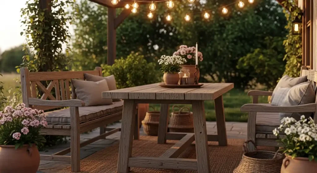 Sunlit rustic lounge with wide-plank oak flooring, a jute rug, and a potted olive tree, showcasing natural wood elements for spring