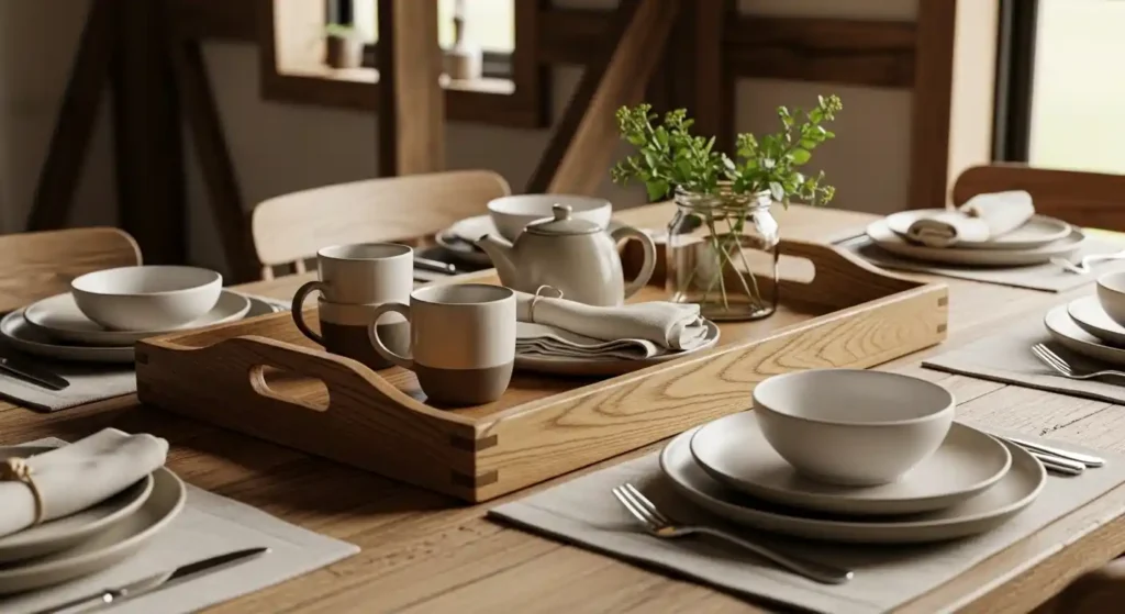 Handcrafted wooden serving tray with ceramic mugs and a teapot on a dining table, illustrating cozy rustic interior styling