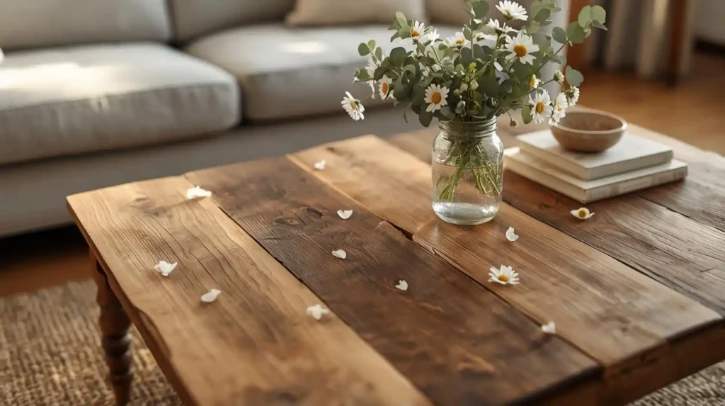 Reclaimed wood coffee table with a daisy mason jar centerpiece, illustrating a farmhouse spring home refresh with natural textures