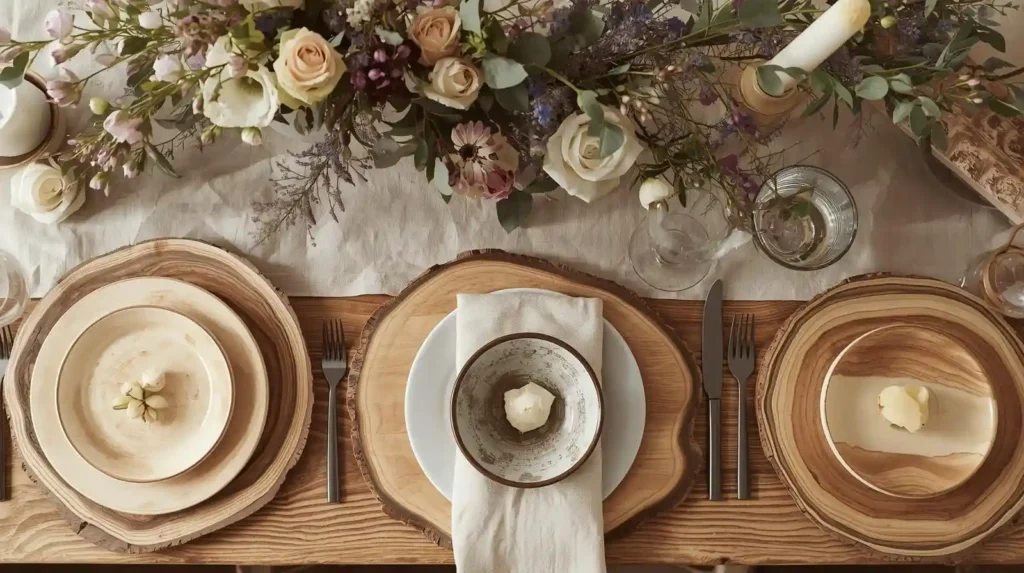 Natural wood slice chargers with ceramic dishes and a wild floral centerpiece, illustrating garden-inspired dining table styling for spring
