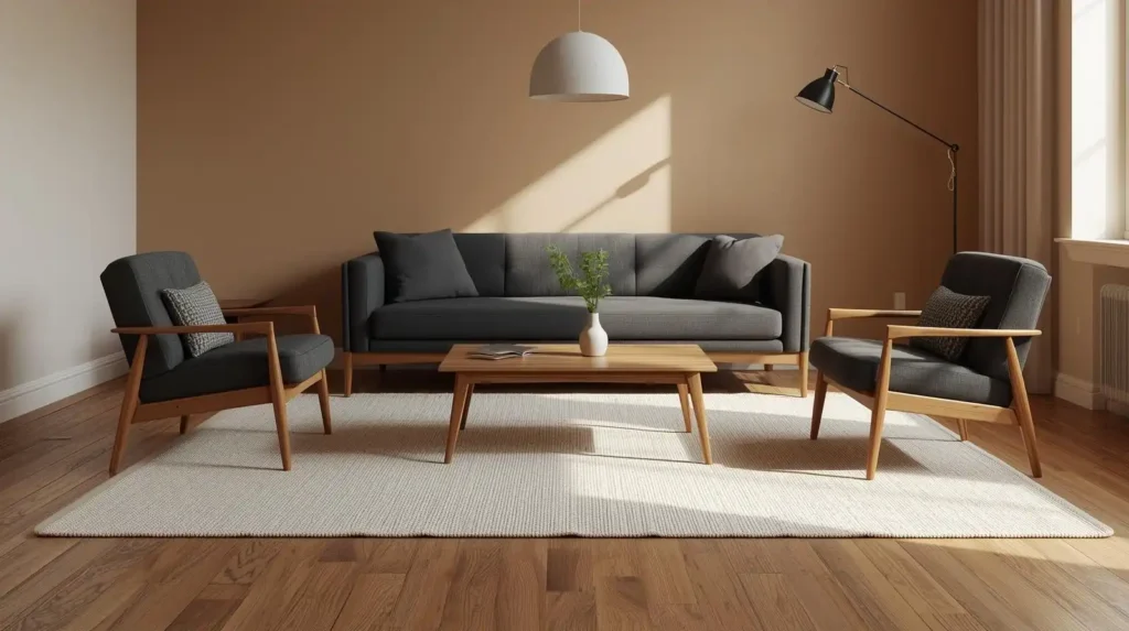 Large cream rug anchoring a charcoal sofa and wooden chairs, demonstrating how to scale living room rugs and accessories