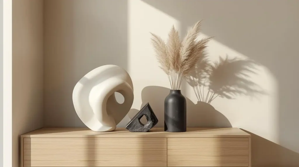 Abstract white and black sculptures with pampas grass in a black vase, illustrating functional modern home accessories