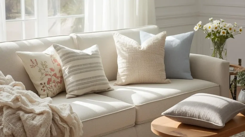 Neutral sofa with floral and pastel throw pillows, showing easy living room decorating ideas for a fresh seasonal refresh.