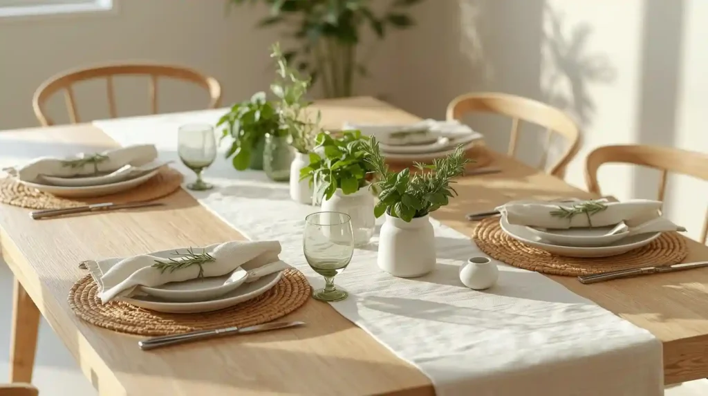 Minimalist wooden dining table with a white runner and fresh potted herbs, illustrating garden-inspired dining table styling for spring