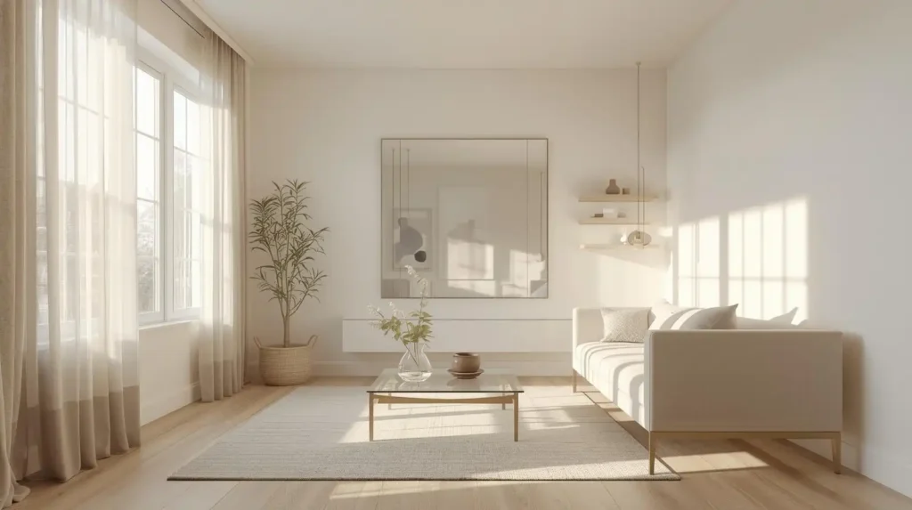 Bright minimalist lounge with off-white walls, large wall mirror, and glass coffee table how to make a small living room look bigger