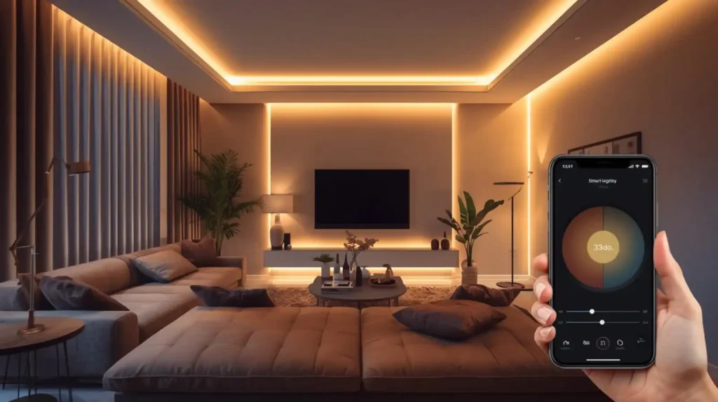 Hand holding a smartphone controlling warm LED cove lighting in a modern lounge, showcasing trendy home styling pieces with smart technology