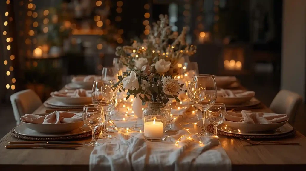 Warm dining tablescape with fairy lights, white roses, and candles, illustrating vibrant spring tablescape tips for a cozy evening
