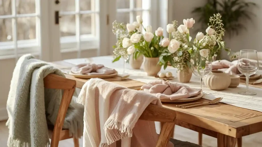 Sunlit wooden table with white tulip centerpieces, soft blankets on chairs, and linen napkins, highlighting vibrant spring tablescape tips.