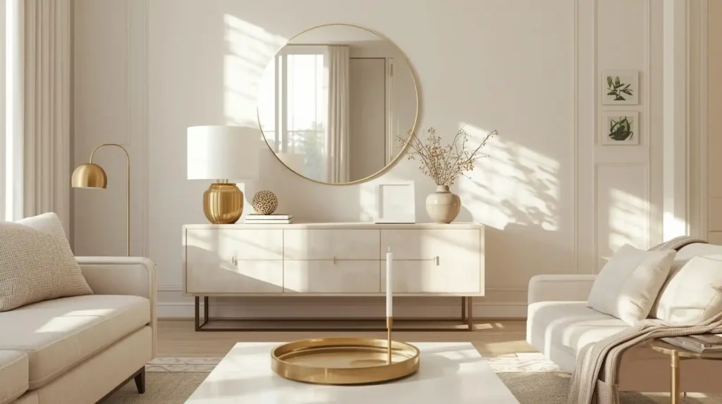 Elegant living room with a gold round mirror and brass lamp, demonstrating spring living room decor ideas with sophisticated metallic accents.